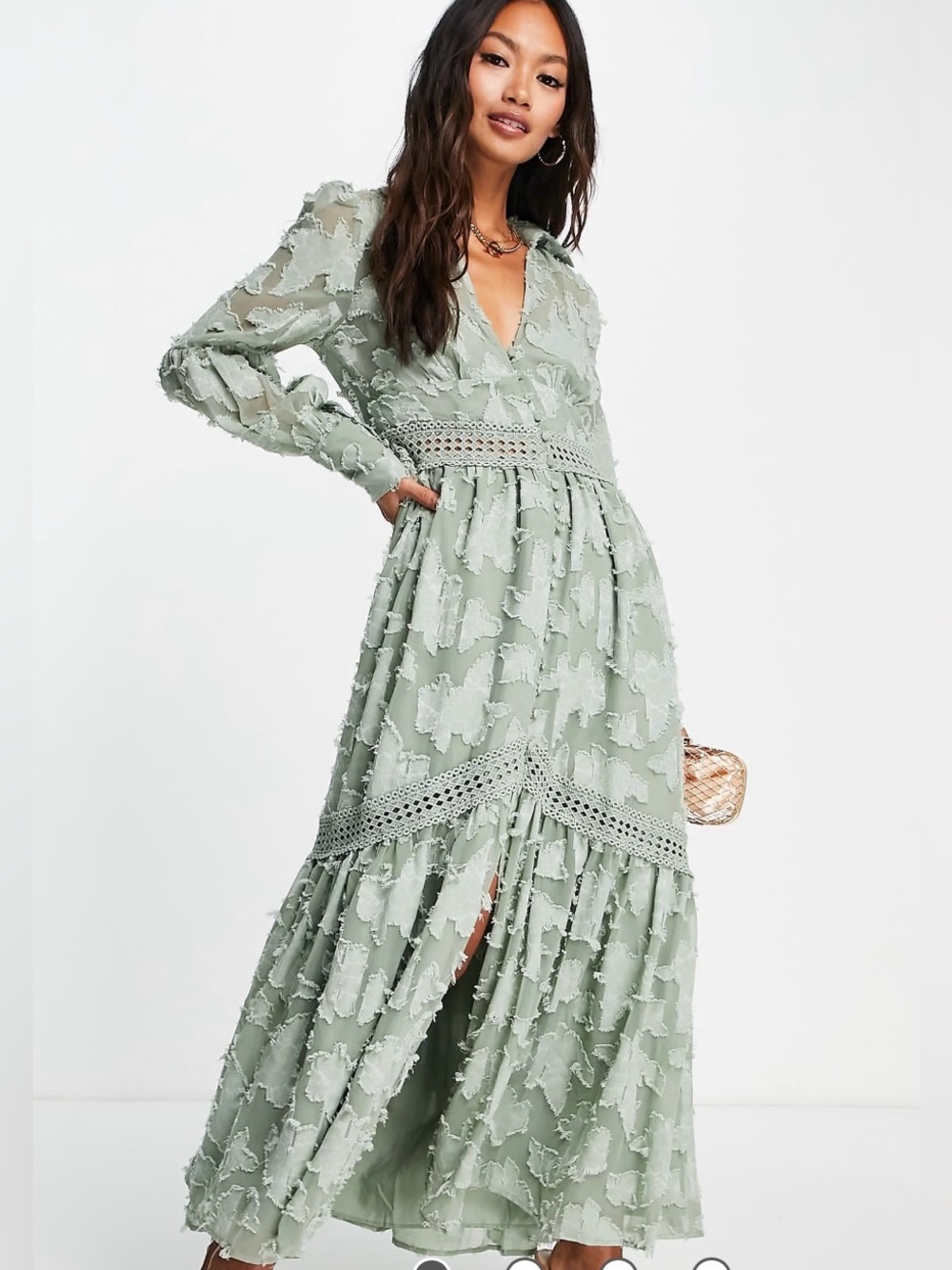 ASOS DESIGN button through maxi shirt dress with lace inserts in burnout
